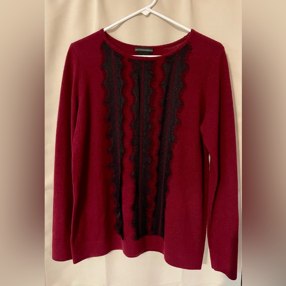 **SOLD** Sofia Cashmere Dark Red with Black Lace Sweater - Size L